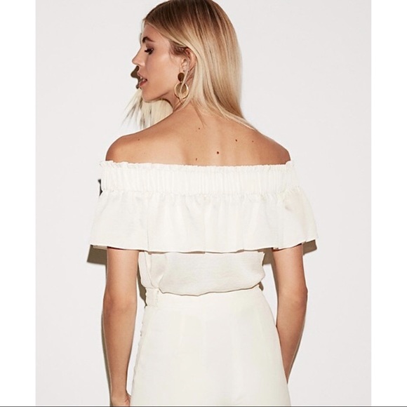 EXPRESS Off The Shoulder Smocked Ruffle Top in Ivory - Picture 14 of 14